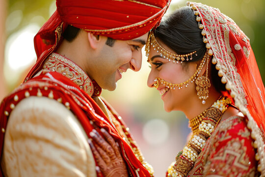 A close-up photograph of a South Asian bride and groom in traditional red and gold wedding attire, smiling while gazing into each other's eyes outdoors.
