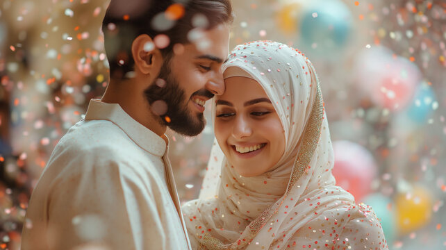 A close-up photograph of a smiling Muslim couple, the man in a cream kurta and the woman in an embellished hijab, touching foreheads as colorful confetti rains down around them during a celebration.