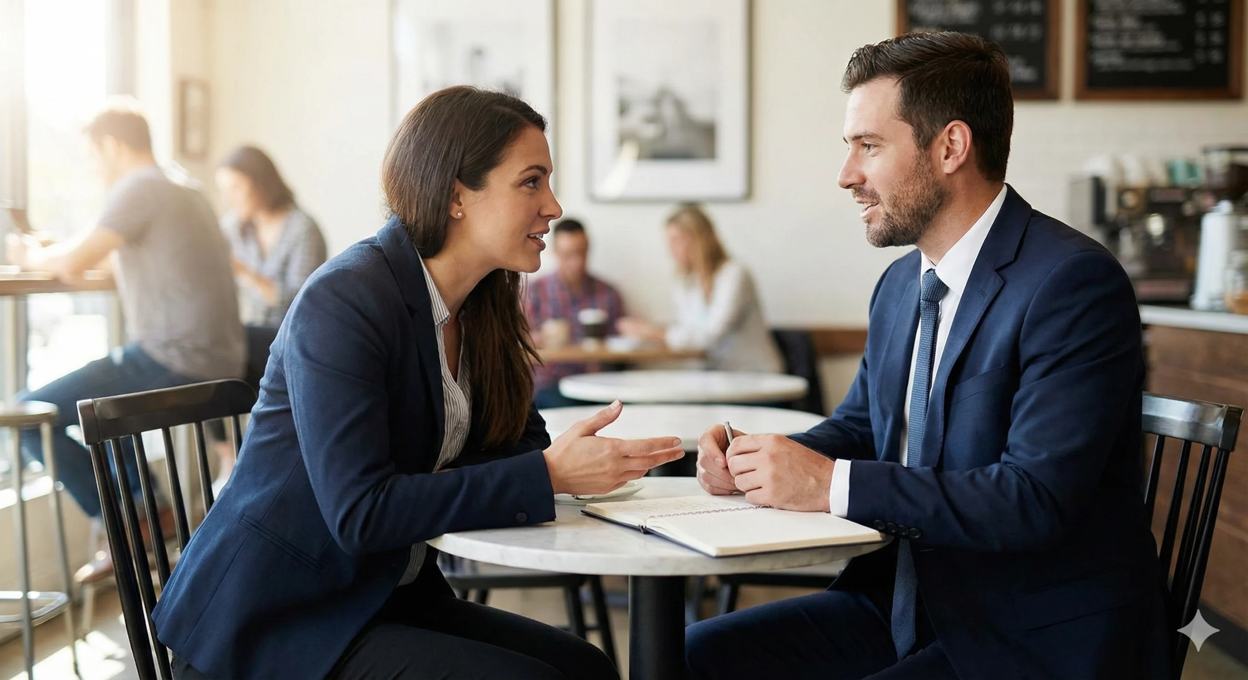 A woman and a man in business suits are sitting across from each other at a small, round table in a well-lit café, engaged in a discussion with a notebook and coffee cups on the table.