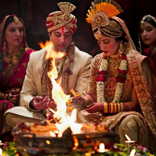 A Hindu bride and groom, dressed in traditional wedding attire, sit around a sacred fire during their marriage ceremony, making offerings.