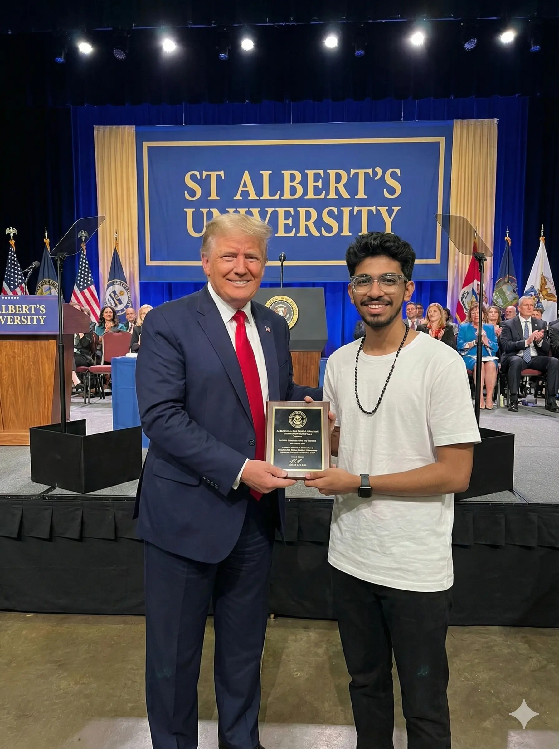 Donald Trump, in a navy suit and red tie, smiles as he presents a plaque to a young man in a white t-shirt and glasses on a stage. They are in front of a blue banner that reads "ST ALBERT'S UNIVERSITY".