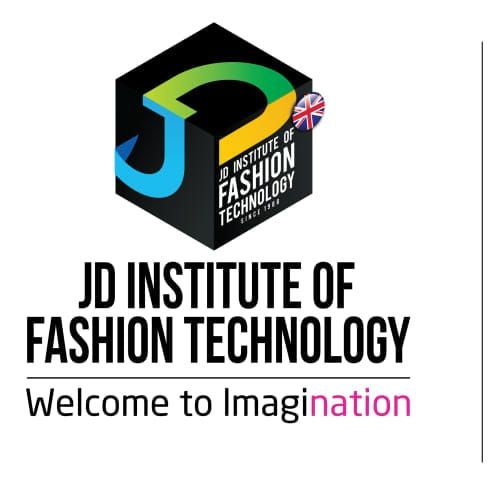 Logo of the JD Institute of Fashion Technology featuring a multi-colored cubic design, a small British flag, and the tagline "Welcome to Imagination".