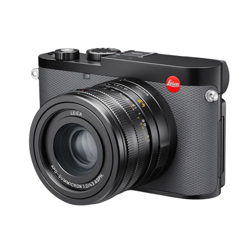 Front-facing angled view of a black and grey Leica Q3 43 digital camera with a Summilux 43mm f/2.0 ASPH lens, featuring the iconic red Leica logo on a white background.