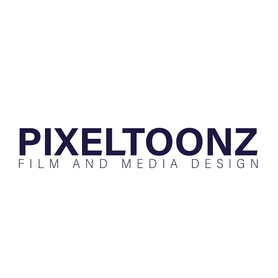 The logo for "PIXELTOONZ FILM AND MEDIA DESIGN" is presented in dark blue capital letters against a plain white background. The main name "PIXELTOONZ" is in a bold, sans-serif font, and the phrase "FILM AND MEDIA DESIGN" is directly below it in a smaller, thinner font.