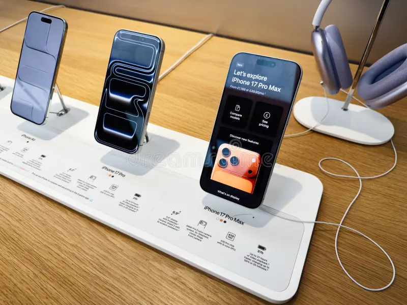 A retail display table showcasing three Apple smartphones on stands, labeled iPhone Air, iPhone 17 Pro, and iPhone 17 Pro Max, alongside a pair of silver over-ear headphones. The display includes a white mat with specifications for each phone model.